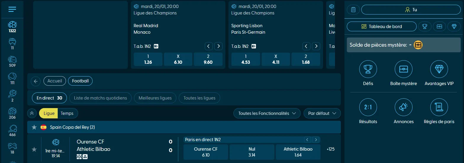 Paris sportifs disponibles au Volerbet Casino avec événements en direct
